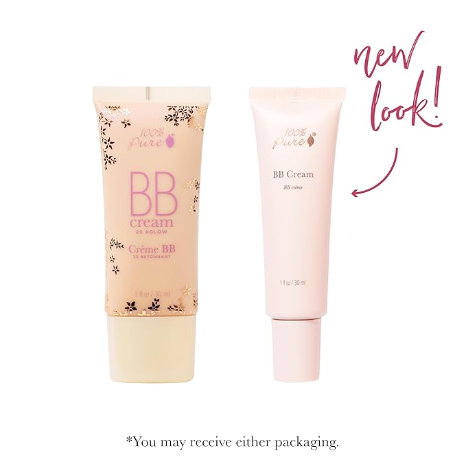 100% PURE BB Cream Shade 20 Aglow Full Face Coverage Skin Care & Glow - All-In-One Primer Concealer & Foundation Makeup - Shimmery, Dewy Youth Medium Color w/Warm Undertone - Vegan - 1 Fl Oz-FemmiqueWomen