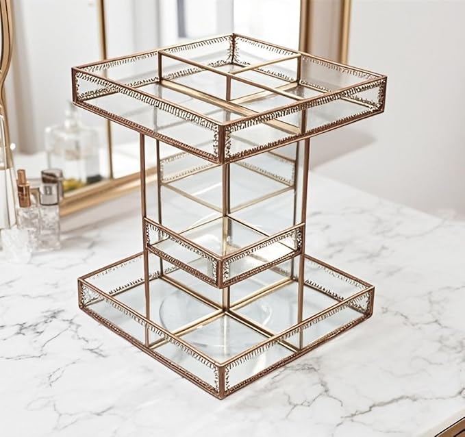 Vintage Glow Antique 360 Degree Rotating Makeup Organizer,4-Tier Spinning Perfume Tray,Countertop Cosmetic Storage,Glass Beauty Display,Retro Large Capacity Vanity Organizer for Brushes Skincare-FemmiqueWomen