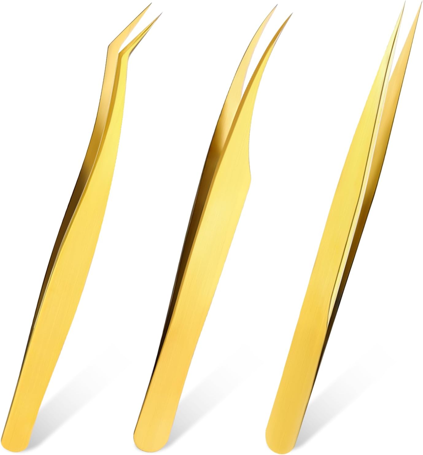 3 PCS Lash Tweezers for Eyelash Extensions, High Precision Gold Metal Tweezers Set Fiber Tip and Curved Isolation Tweezers Eyelash Extension Tools for Women Volume Lash, Crafting, Jewelry Making-FemmiqueWomen