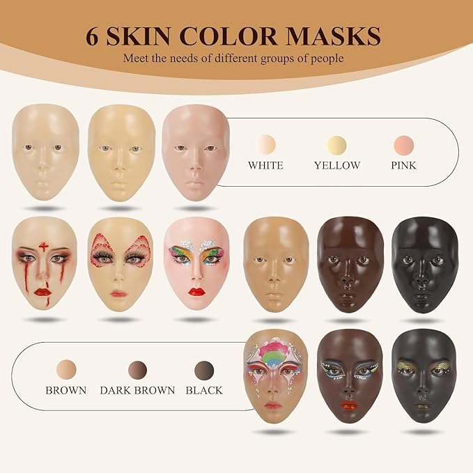 Make Up Practice Face, Face Painting Mannequin Head with Stand, 5D Reusable Silicone Face Practice Board, Mannequin Head for Makeup with Makeup Kit, Practice Face for Makeup Artist & Beginner, Brown-FemmiqueWomen