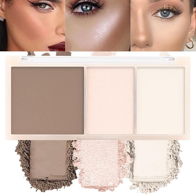 3 IN 1 Brown Nude Face Highlight Bronzer Powder Palette for Face Cheeks Contour Brightening, Buildable Matte Coverage Natural Makeup,Ultra Sculpt Nose Shadow Eyeshadow Primer 03#-FemmiqueWomen