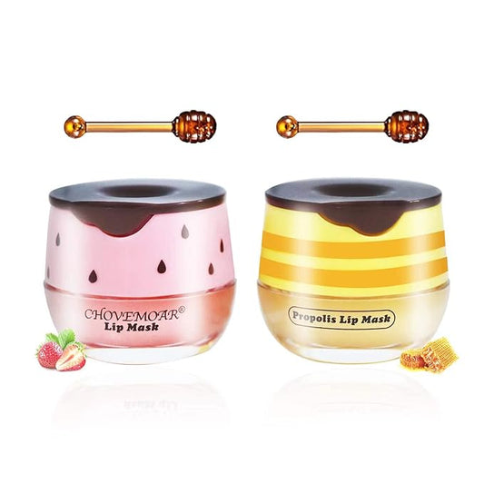 2PCS Honey Balm & Strawberry Lip Balm, Honey Lip Balm, Lip Masks for Dry and Cracked Lips with Brush, Lip Exfoliator & Moisturizer, Reduces Lips Lines & Lightens Lips, Anti-Wrinkle, Aging-FemmiqueWomen