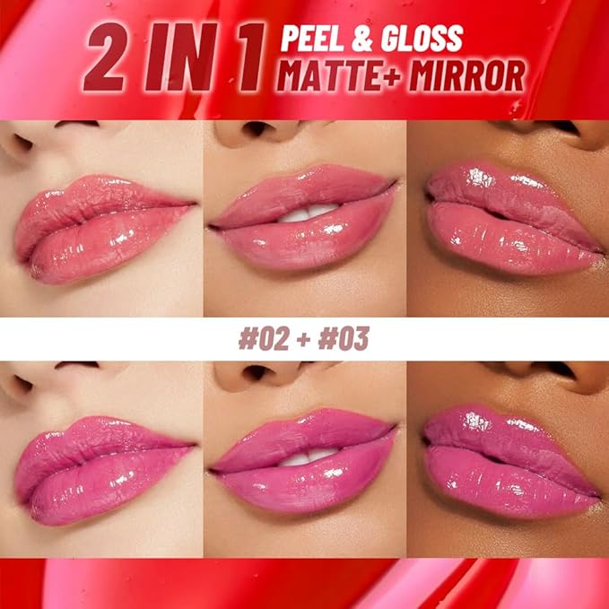2Pcs Lip Stain Peel Off Lip Gloss oil Dual-Ended Combo, Lips Liner Stain Peel Off Masque, Long Lasting & Waterproof, Transfer-Proof Lip Tint Stain with Lip oil for All Skin Type 02#+03#-FemmiqueWomen