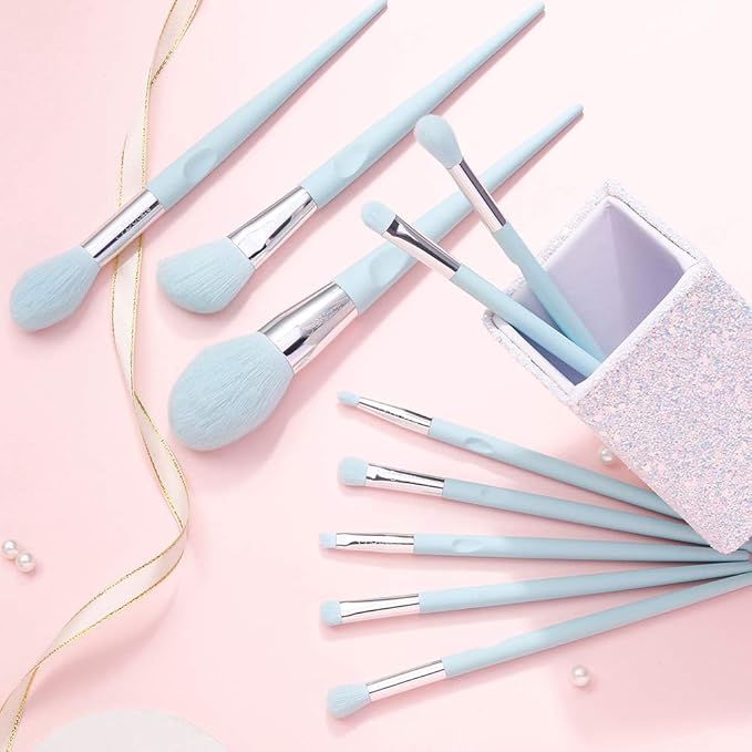 DUcare Makeup Brushes with Holder - 10Pcs Professional Synthetic Make Up Brushes Set for Blush Concealer Foundation Bronzer Powder Eyebrow Contour Eyeshadow Blending Makeup Brush Set, Ice Lake Blue-FemmiqueWomen