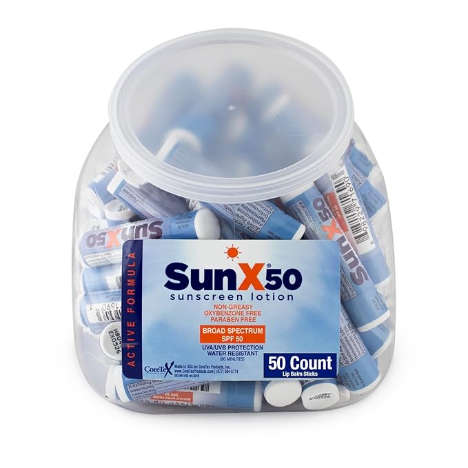 CoreTex Sun X 50 Lip Balm SPF 50 (Pack of 50) - Sunscreen Lip Balm, Water Resistant up to 80 Minutes & Free of Parabens & Oxybenzone - SPF 50 Broad Spectrum (UVA/UVB) Lip Protection-FemmiqueWomen