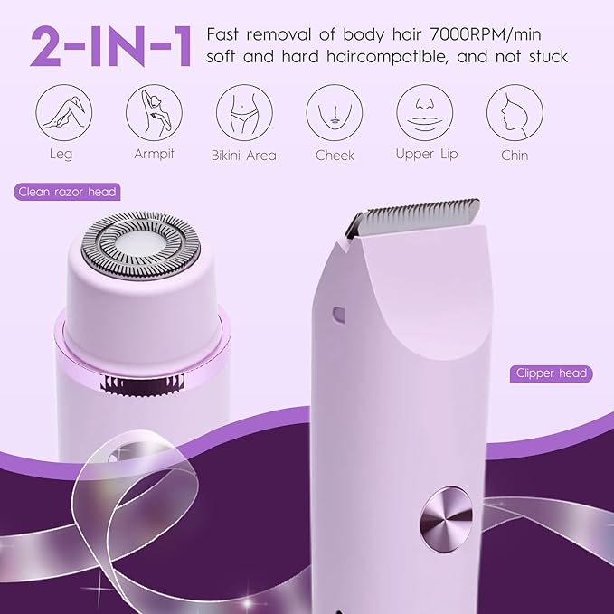 2025 Upgraded Dermave Bikini Shaver - 2 in 1 Bikini Trimmer for Women with LCD Display, Dual Head Cordless Electric Shaver, IPX7 Waterproof Wet/Dry Body Hair Trimmer for Face,Purple-FemmiqueWomen