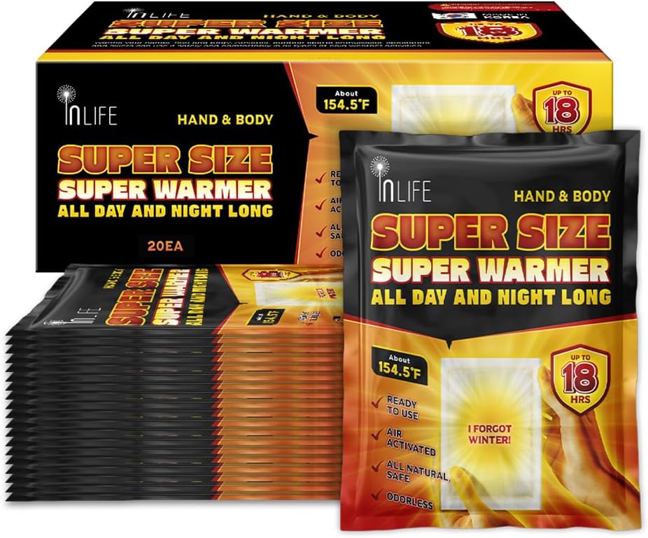 InLife Super Size Super Warmer for Hands and Body, All Natural & Safe, Bigger & Wider Area Covered, Higher Heating 145°F, Air Activated, Easy & Comfort, Steady Longer Lasting, Odorless, 20 Packs-FemmiqueWomen