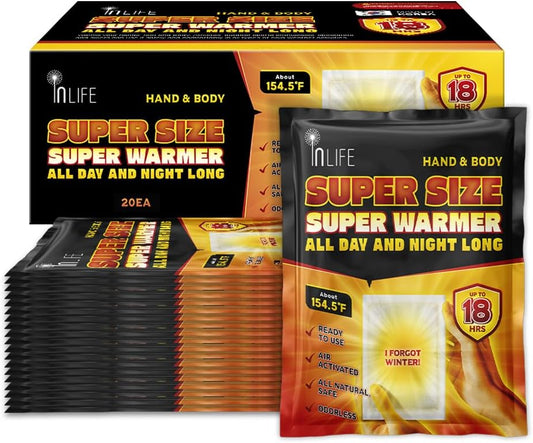 InLife Super Size Super Warmer for Hands and Body, All Natural & Safe, Bigger & Wider Area Covered, Higher Heating 145°F, Air Activated, Easy & Comfort, Steady Longer Lasting, Odorless, 20 Packs-FemmiqueWomen
