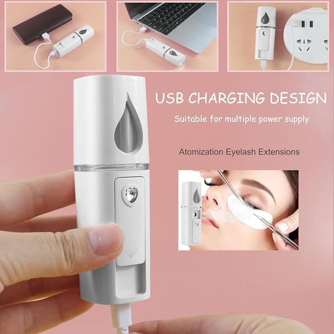 Nano Facial Mister Portable Mist Sprayer with Mirror Mini Cool Mist Spray for Skin Care & Facial Body Moisturized & Eyelash Extensions, USB Rechargeable (White)-FemmiqueWomen