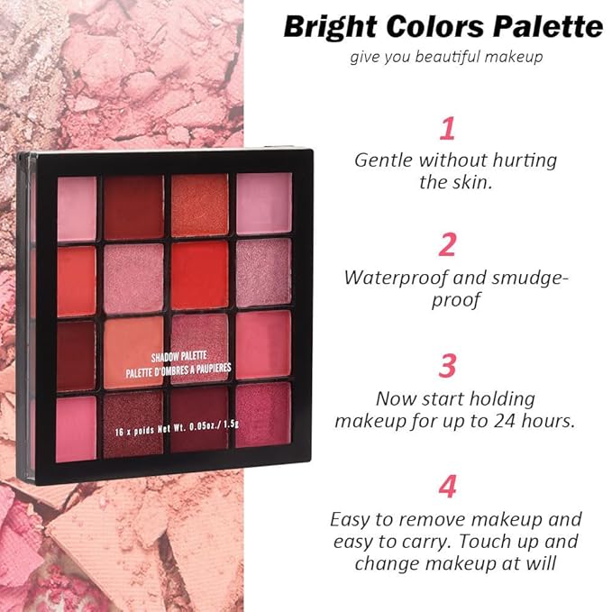 16 Girds Colorful Matte Shimmer Eyeshadow Palette for Eye Makeup,High Pigmented Eye Shadow Primers Powder Palet de sombras de ojos-Pink Red#-FemmiqueWomen