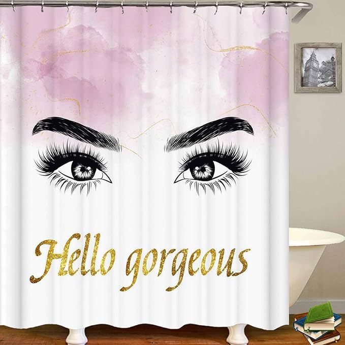 4PCS Hello Gorgeous Eyelash Shower Curtain Set, Gold Glitter Quotes Black Eyebrow Makeup Pink Marble Glam Modern Fashion Girly Women Bathroom Decor, Non-slip Bath Mat Toilet Rug, Charming Eyes-FemmiqueWomen