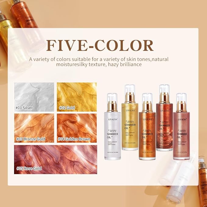 Liyalan Shimmer Body Oil Rose Gold 5 Color Bronze Face Glow Pearl Highlighter Illuminator body Makeup Shine Glitter Gold Liquid Taning 3.38 Fl Oz-FemmiqueWomen