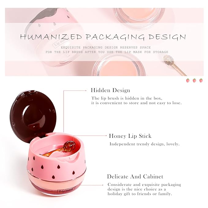2Pcs Honey Strawberry Lip Balm Honey Pot, Strawberry Lip Sleeping Mask, Overnight Lip Sleeping Mask, Honey Balm Lip Balm Pot, Honey Lip Mask Nourish Lip Scrubs Exfoliator Honey/Strawberry-FemmiqueWomen