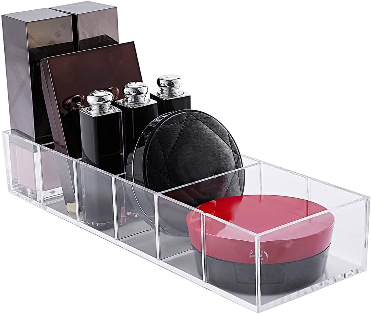 Acrylic Makeup Organizer Cosmetic Storage Makeup Display Case Lipstick Holder Dispenser Adjustable Canister Bathroom Container (10 x 3.4 x 1.9 inches, 6 Partitions, Transparent)-FemmiqueWomen
