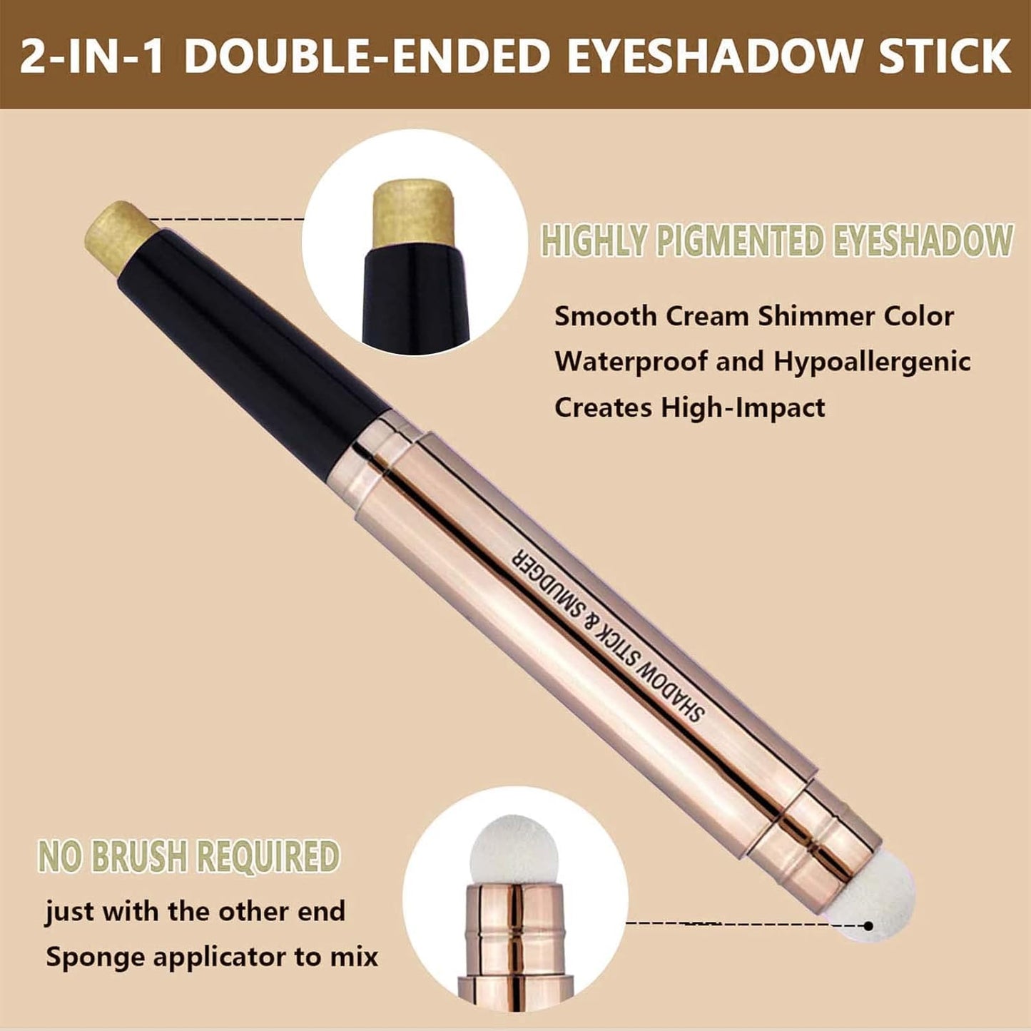 2 in1 Gold Copper Eyeshadow Stick and Sponge Makeup Brush Smooth Creamy Shimmer Eye Shadow Pen Long Lasting Waterproof Eyeshadow Highlighter Stick Makeup, Hypoallergenic Highlighter Eyeliner-FemmiqueWomen