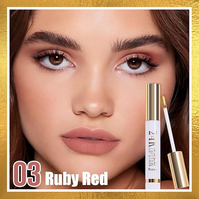 2025 New 24K Gold Liquid Lip Gloss Peel Off Lip Stain Tattoo with Tweezer, Ruby Red Lips Stain Peel Off Masque, Long Lasting Waterproof Lip Tint Stain, Transfer-proof for All Skin Types 03#-FemmiqueWomen