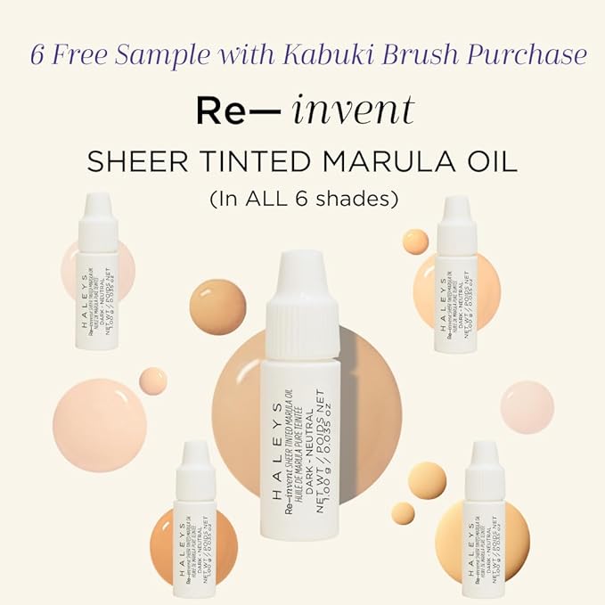 HALEYS Kabuki Makeup Brush + GWP Skin Tint Mini, VEGAN+CRUELTY-FREE, Sustainable Wood, Vegan Bristles for Airbrushed Finish, For Creams, Liquids, Powder, Streak-free, Perfect Blending, Buffs, Blurs-FemmiqueWomen