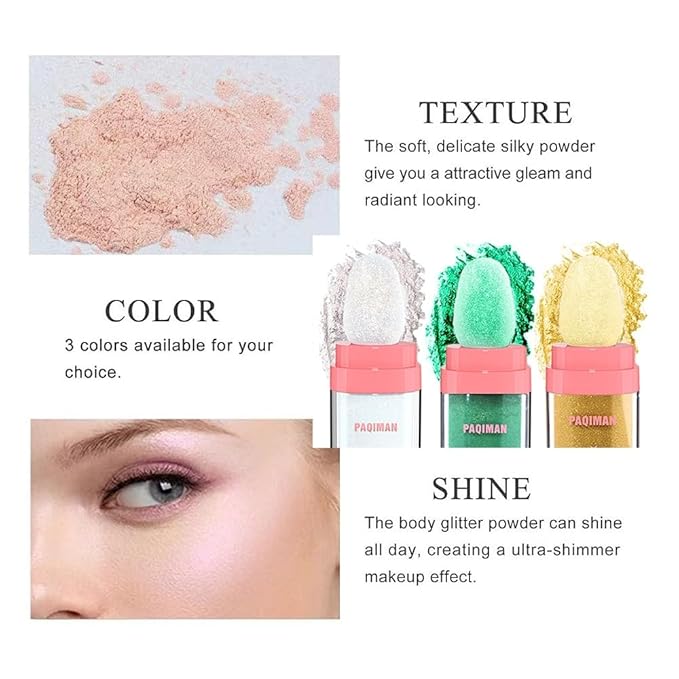 3 Colors Glitter Powder Highlighter Makeup, Body Brightens the Natural Three-Dimensional Face Blusher Fairy Highlight Patting Powder. (01#White Moonbeam/04# Green/05# Gold)-FemmiqueWomen
