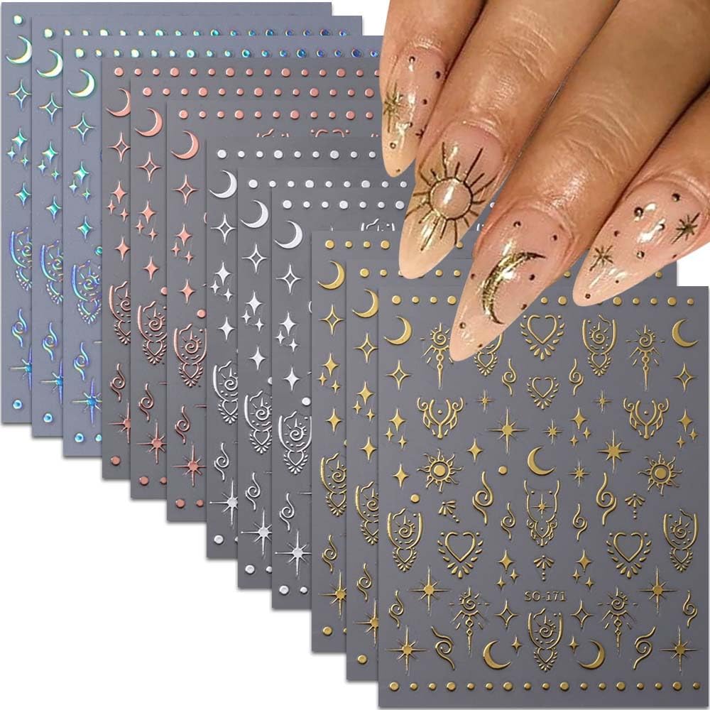 12 Sheets Metallic Nail Art Stickers - Sun Star, Moon Rose & More - 3D Self-Adhesive, Shiny Laser Gold & Silver - Holographic, Glitter for Women's Nail Manicure Decorations-FemmiqueWomen