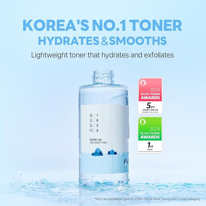 ROUND LAB 1025 Dokdo Toner 6.76 Fl Oz, Oil Control and Reduces Excess Sebum, Gentle Exfoliating Facial Toner, Deep Sea Water for Moisturization, Soft Finish Without Stickiness, Korean Skin Care-FemmiqueWomen