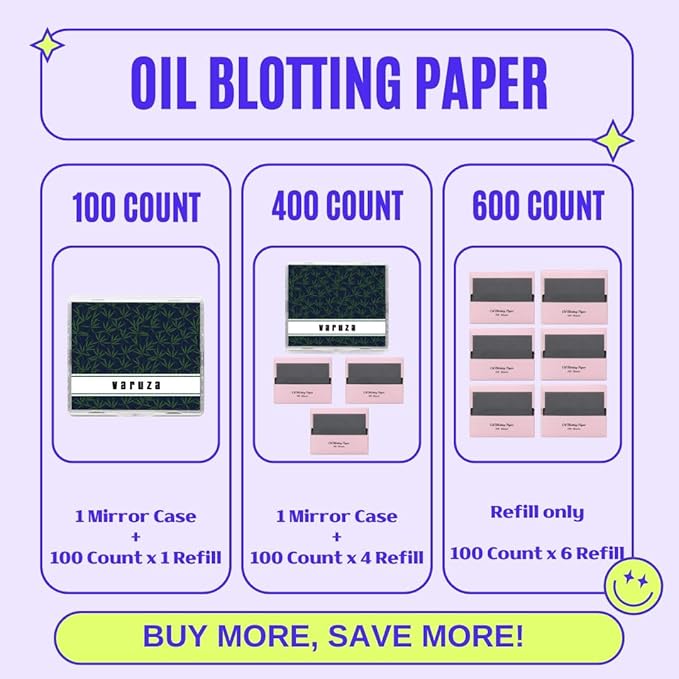 [600 Counts Refills Only] Natural Bamboo Charcoal Oil Blotting Sheets for Face with Mirror Case and Refills-FemmiqueWomen