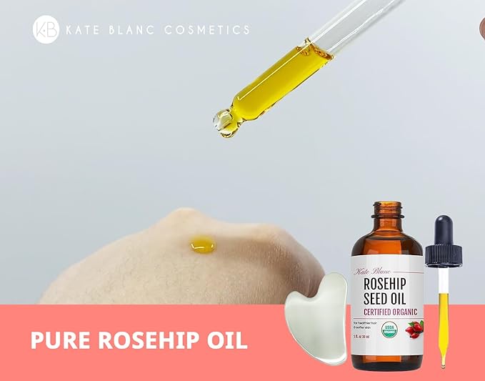 Kate Blanc Cosmetics Rosehip Oil for Face with Stainless Gua Sha (1oz, Organic, Pure, Cold Pressed) Rosehip Seed Face Oil for Gua Sha Massage-FemmiqueWomen