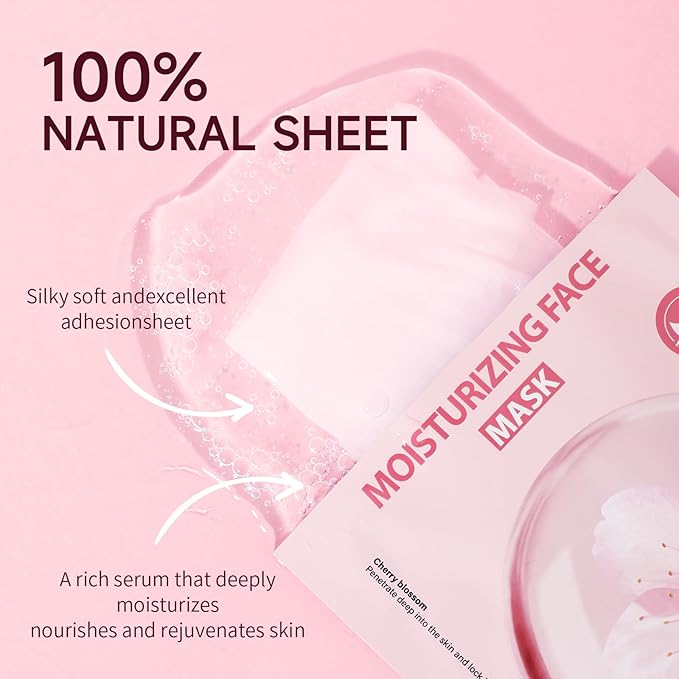 5 Pack Sheets Face Masks Skincare For All Skin Types, Cherry Facial Sheet Masks, Hydrating Facial Sheets Mask for Firming, Sheet Mask with Cherry Blossom Face Mask for Glowing Skin-FemmiqueWomen