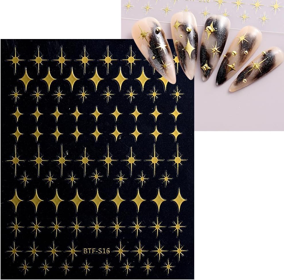 12 Sheets Star Nail Art Stickers 3D Self Adhesive Gold White Black Star Design Nail Art Decal Accessories for Women Acrylic Manicure DIY Decoration-FemmiqueWomen