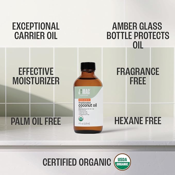 J MAC BOTANICALS Organic Fractionated Coconut Oil (4 oz Glass Bottle) Organic Carrier Oil and moisturizer-FemmiqueWomen