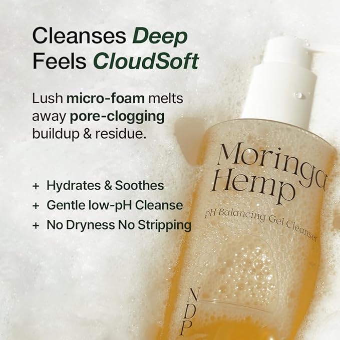NDP Moringa Hemp Gel Cleanser, Gel-to-Foam, pH Balancing, Vegan, Non-Stripping, Hydrating Face Wash for Sensitive Skin – Fragrance-Free, Clean Beauty, Korean Skincare, 200ml / 6.76 fl oz-FemmiqueWomen