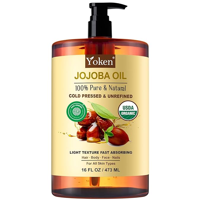 Yoken Pure Jojoba Oil Organic USDA Certified 16 fl oz, 100% Natural Jojoba Oil for Hair, Skin & Face, Cold Pressed Unrefined, Deeply Moisturizing Body Carrier Oils for Essential Oils Mixing-FemmiqueWomen