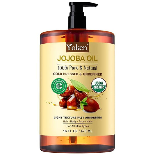 Yoken Pure Jojoba Oil Organic USDA Certified 16 fl oz, 100% Natural Jojoba Oil for Hair, Skin & Face, Cold Pressed Unrefined, Deeply Moisturizing Body Carrier Oils for Essential Oils Mixing-FemmiqueWomen