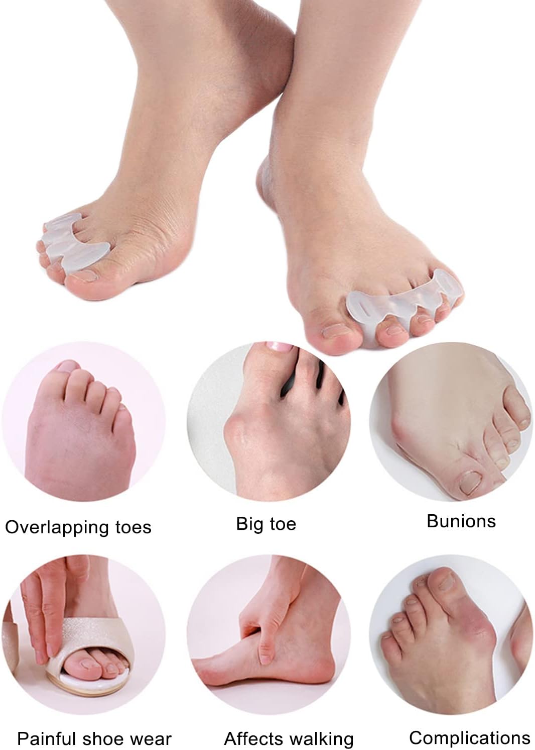 2Pairs Toe Separators Toe Spacers for Women Men to Correct Bunion, Relieve Feet Pain, Foot Alignment, Toe Straighteners for Hammertoes, Plantar Fasciitis (S, Women Shoe Size: 5-9, Men: 6-7)-FemmiqueWomen