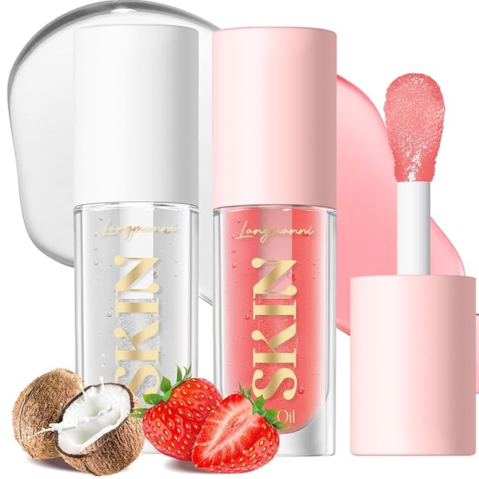 2Pack Non-sticky Lip Oil, Moisturizing Glossy/Shiny Lip Gloss Oil PlumpingTint, Hydrating Lip Gloss Lip Balm, Long Lasting Nourishing Fruit Flavoure Lip Oils(Strawberry + Coconut)-FemmiqueWomen