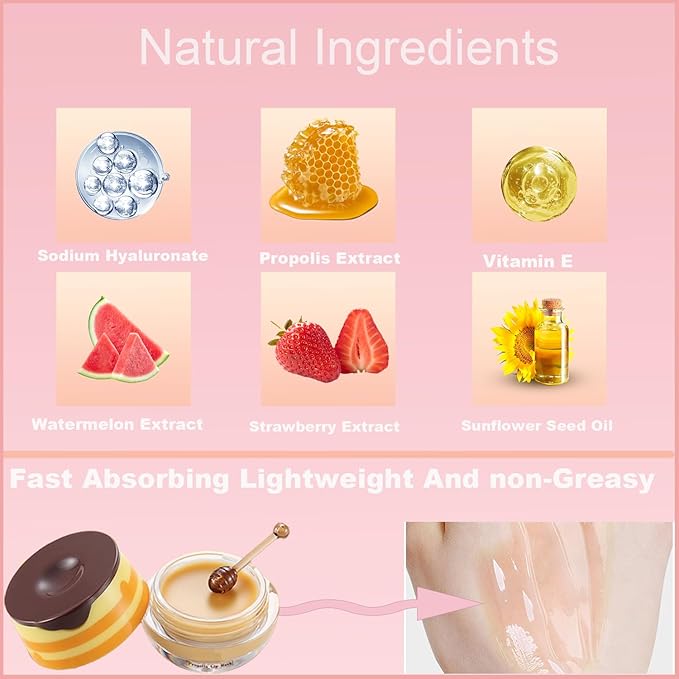 2 PCS Bee Lip Balm Honey Pot, Honey Strawberry Bee Lip Balm Sleeping Lip Mask Overnight with Sticks, Honey Pot Lip Balm Hydrating Exfoliating Prevention Dry and Crack Lip Scrubs-FemmiqueWomen