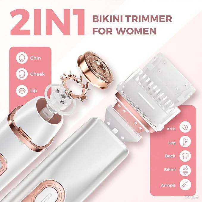 2 in 1 Bikini Trimmer for Women, Dual Head Electric Razor, IPX7 Waterproof Wet/Dry Use Women Electric Shaver, Painless Body Facial Hair Remover for Bikini Legs Arm Underarm, (White)-FemmiqueWomen