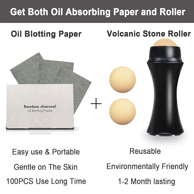103 PCS Volcanic Roller Oily Skin Oil Control On The Go Volcanic Face Roller Oil Absorbing Volcanic Roller with Oil Blotting Sheet Paper for Oily Skin Care Oil Control Film Tissues(Type1)-FemmiqueWomen