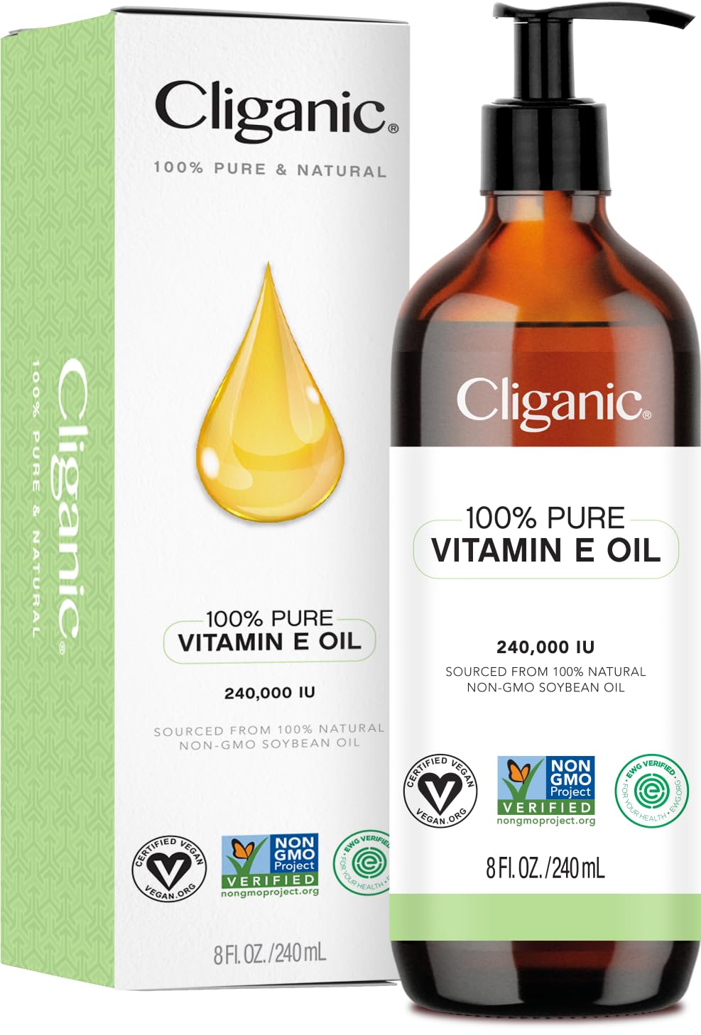 Cliganic Pure Vitamin E Oil for Skin, Scars, Hair & Face 240,000 IU (8oz), Non-GMO Verified | Natural D-Alpha Tocopherol-FemmiqueWomen