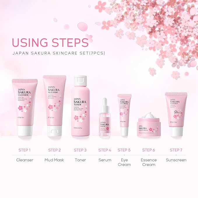 Skin Care Set JAPAN-SAKURA Women Beauty Gift Sets Skin Care Kit, Self-Care Skincare Set: Cleanser,Toner,Serum,Cream,Mud Mask,Eye Cream,Sunscreen, Facial Kit for Women Teen Girls Mom Daughter 7pcs-FemmiqueWomen