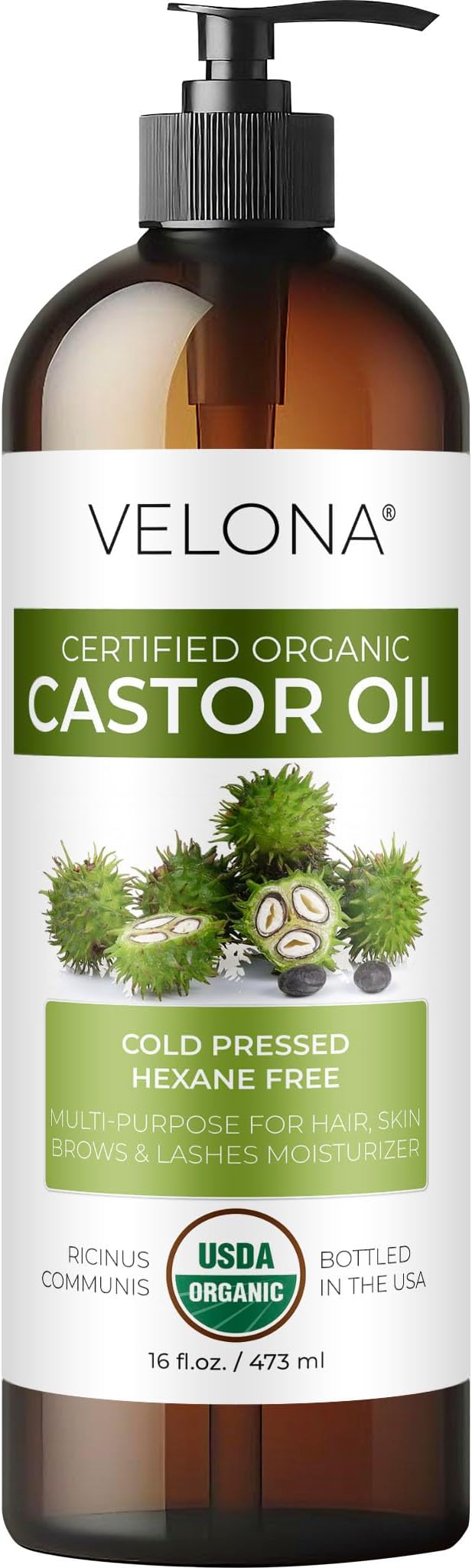 velona USDA Certified Organic Castor Oil - 16 fl oz (With Pump) | For Hair Growth, Boost Eyelashes, Eyebrows | Cold pressed, Natural Oil, USP Grade | Hexane Free, Lash Serum, Caster-FemmiqueWomen