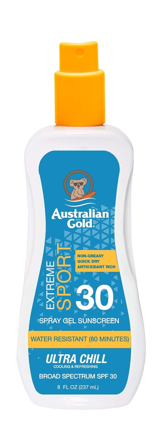 Australian Gold Extreme Sport Spray Gel Sunscreen SPF 30, 8 Ounce | Broad Spectrum | Sweat & Water Resistant | Non-Greasy | Oxybenzone Free | Cruelty Free-FemmiqueWomen