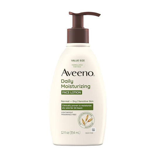 Aveeno Daily Moisturizing Face Lotion with Soothing Prebiotic Oat, Gentle Lotion Nourishes Normal to Dry Skin With Moisture, Sensitive Skin, Fragrance-Free, 12 fl. oz-FemmiqueWomen