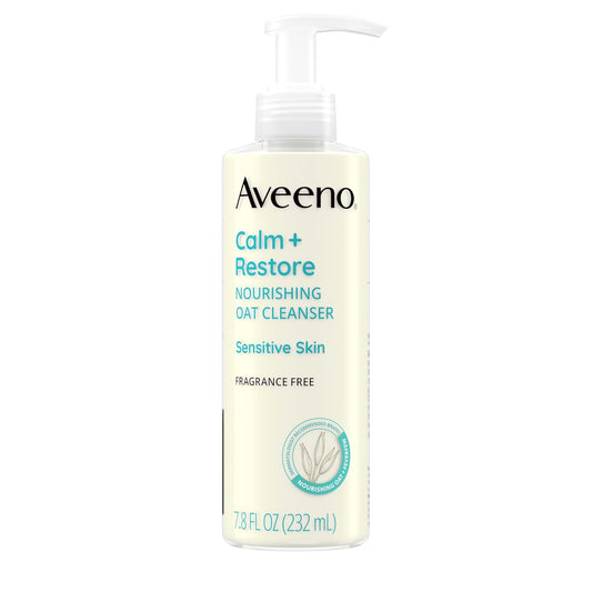 Aveeno Calm + Restore Nourishing Oat Face Cleanser for Sensitive Skin, Gentle Milky Cleanser with Nourishing Oat & Feverfew, to Preserve Skin's Moisture Barrier, Fragrance-Free, 7.8 fl. oz-FemmiqueWomen