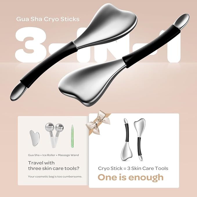 3-in-1 Cryo Gua Sha Facial Tools, Ice Roller Globes for Women Face and Eyes Massager, Unbreakable Stainless Steel Face Sculpting Skin Care Tools, Esthetician Supplies with Carry Case-FemmiqueWomen