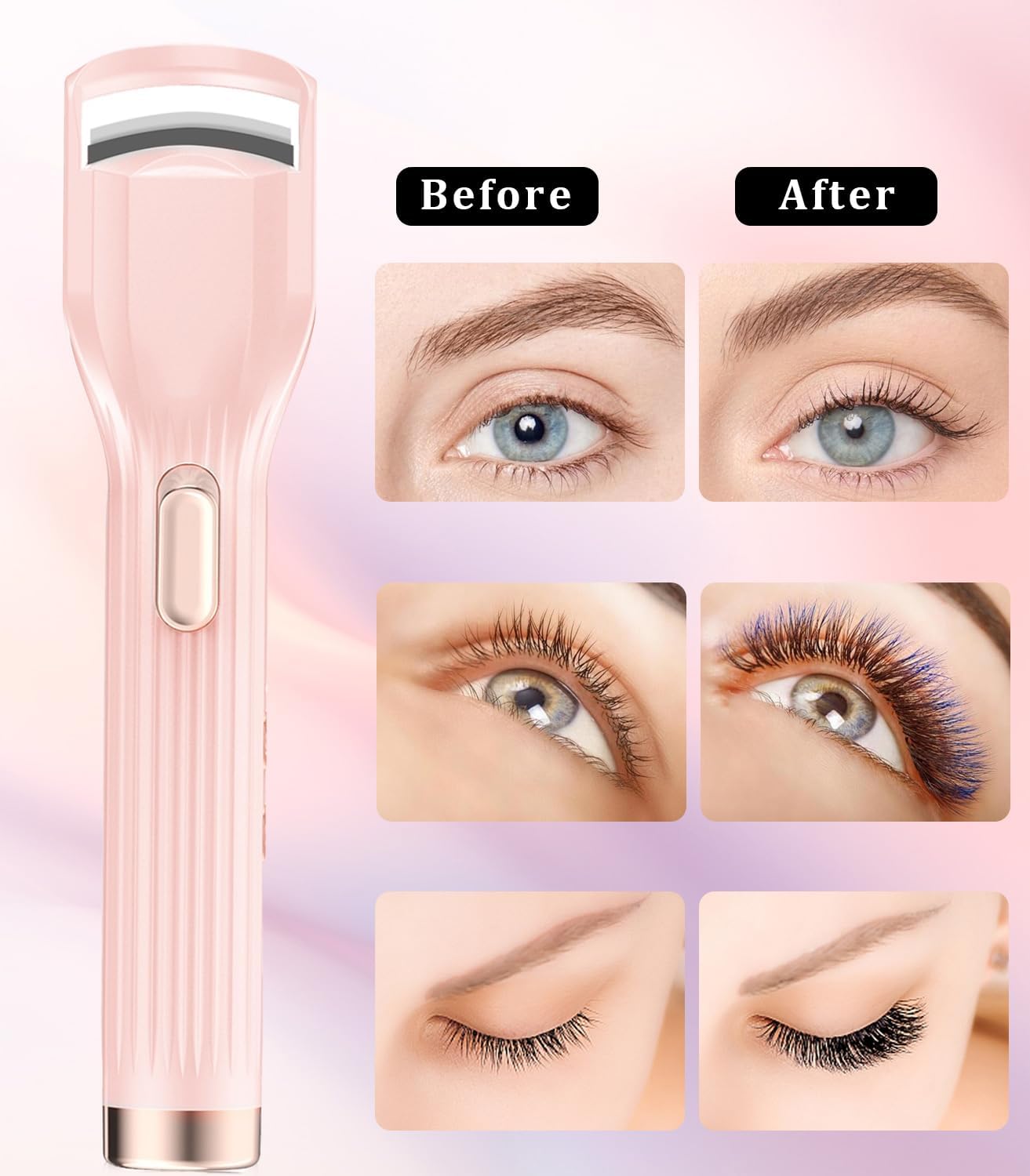 Heated Eyelash Curler Premium PRO - Fast Heat up in 8s - 24 Hours Long Lasting - Rechargeable Electric Eyelash Curler with Type-C, Innovative L Silicone, 2 Heat Modes, Anti-Burn Eyelid, Pink-DB-FemmiqueWomen