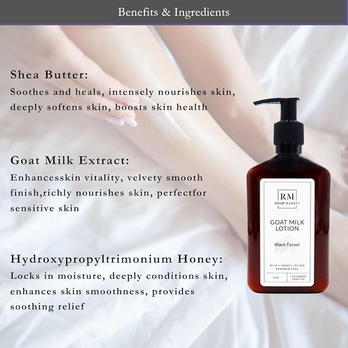 Goat Milk Lotion, Black Forest Fragrance, Hydrating Lotion for Men and Women, Infused With Nourishing Goat Milk, Shea Butter, Sunflower Oil, and Aloe, Soft Amber & Tobacco Scent, 9 Oz-FemmiqueWomen