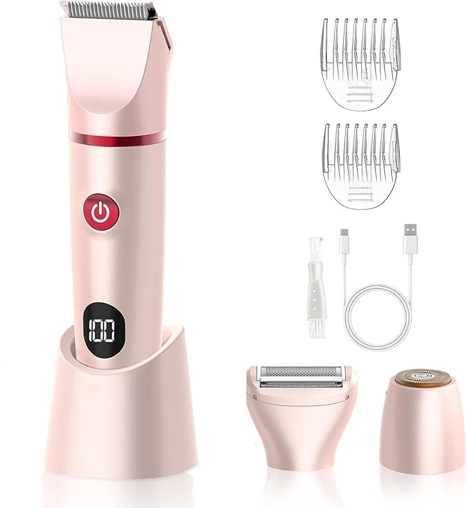 3-in-1 Bikini Trimmer for Women, Electric Razors Shaver for Public Hair - Rechargeable Body Hair Trimmer, Portable Detachable Removal Kit, lPX7 Waterproof Lightweight with LED Display, Gift for Women-FemmiqueWomen
