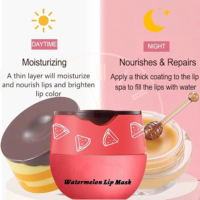 3PCS Bee Lip Balm Honey Pot,Honey Strawberry Watermelon Lip Mask Overnight Moisturizing Lip Balm,Hydrating Prevention Dry & Cracked Nourishing Sleeping Lip Mask (Honey+Strawberry+Watermelon)-FemmiqueWomen