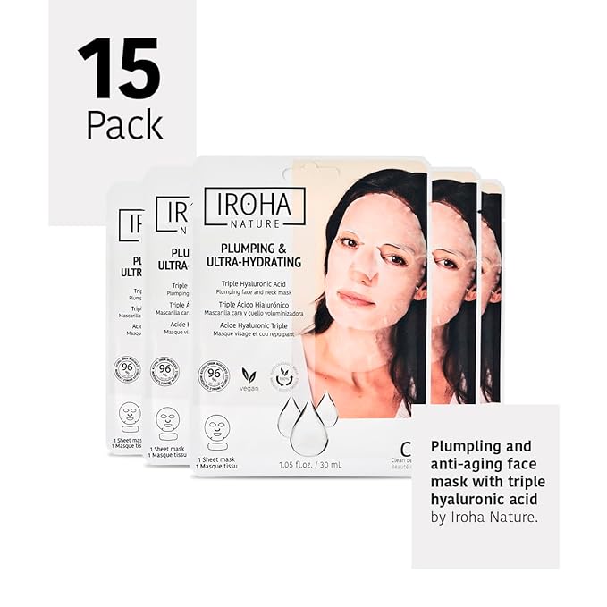 IROHA NATURE Replumping & Anti-Aging Tissue Face Mask (Pack of 15) | With Triple Hyaluronic Acid | Deep Hydration & Anti-Aging Effect | Softer, Calmer Skin | 100% Vegan-FemmiqueWomen