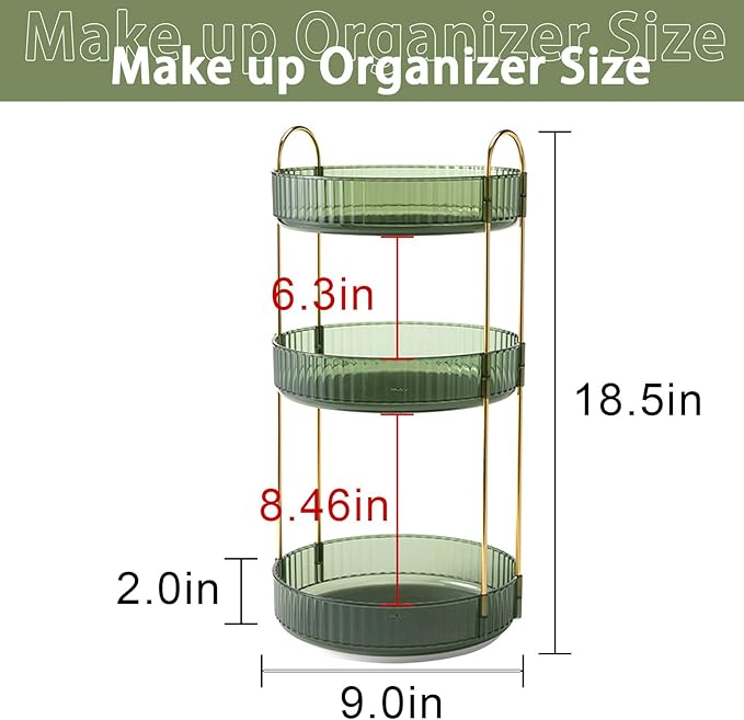 Rotating Makeup Organizer for Vanity, High-Capacity Skincare Clear Make Up Storage Perfume Organizers Cosmetic Dresser Organizer Countertop 360 Spinning (Green, 3 Tier)-FemmiqueWomen